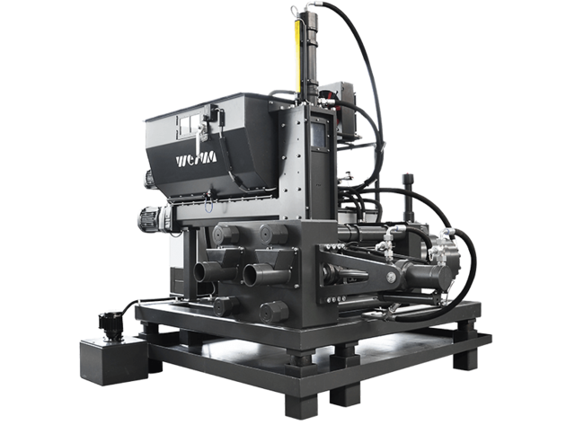 Large industrial laboratory machine with black metal frame, mounted modules, and multiple connected cables.