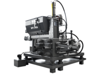 Large industrial laboratory machine with black metal frame, mounted modules, and multiple connected cables.