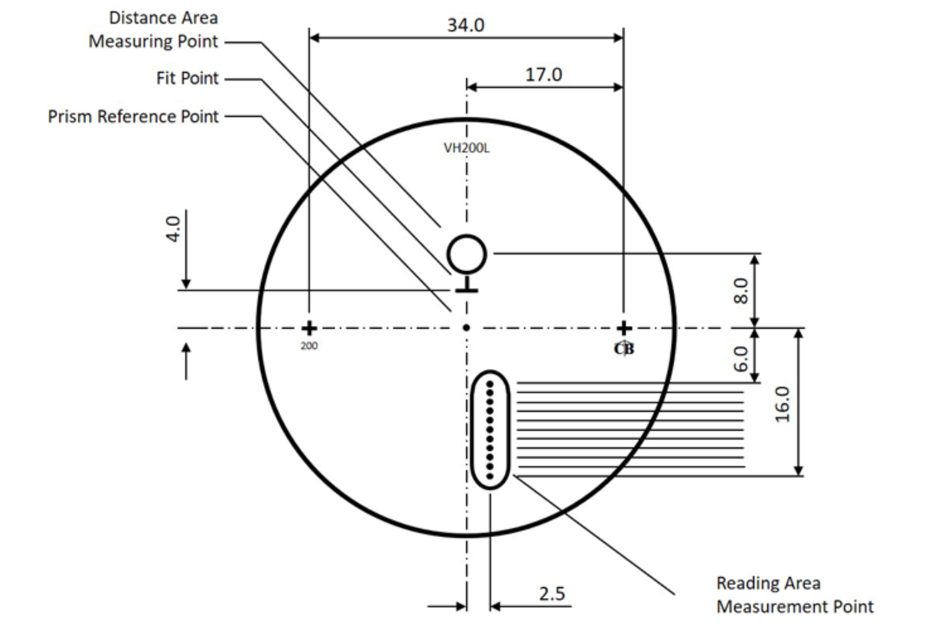 Technical drawing of a circular component with labeled dimensions, lines, and annotations.