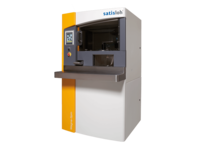 Industrial machine with control display and workspace, used for lens or optical manufacturing processes.
