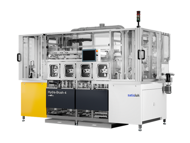 Automated semiconductor manufacturing machine with enclosed structure, control panel, and safety doors.