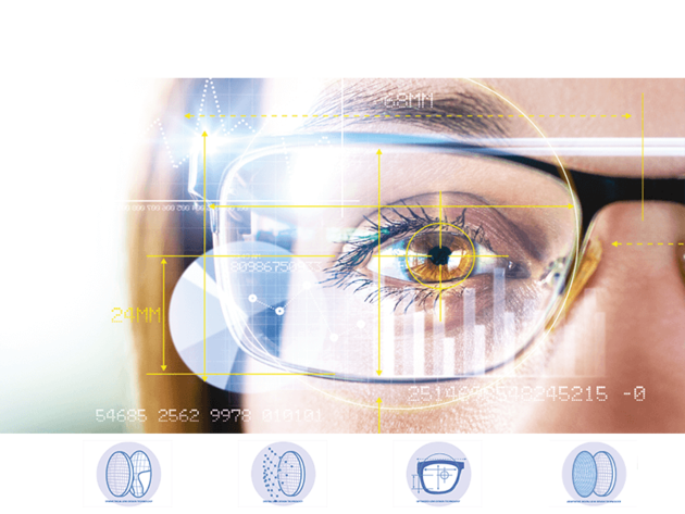 Close-up of a person’s eye behind glasses with digital yellow interface graphics overlayed, representing vision technology or smart glasses.