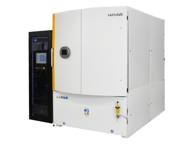 Large industrial equipment cabinet with display panel and closed white doors