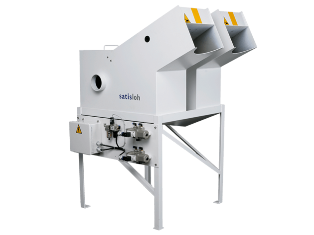 Industrial laboratory machine with dual input funnels, mounted on a tall metal frame with control box.