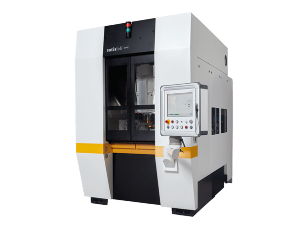 Industrial laboratory machine with enclosed chamber and integrated touchscreen control panel.