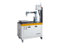 Compact industrial workstation with robotic arm and mounted control display