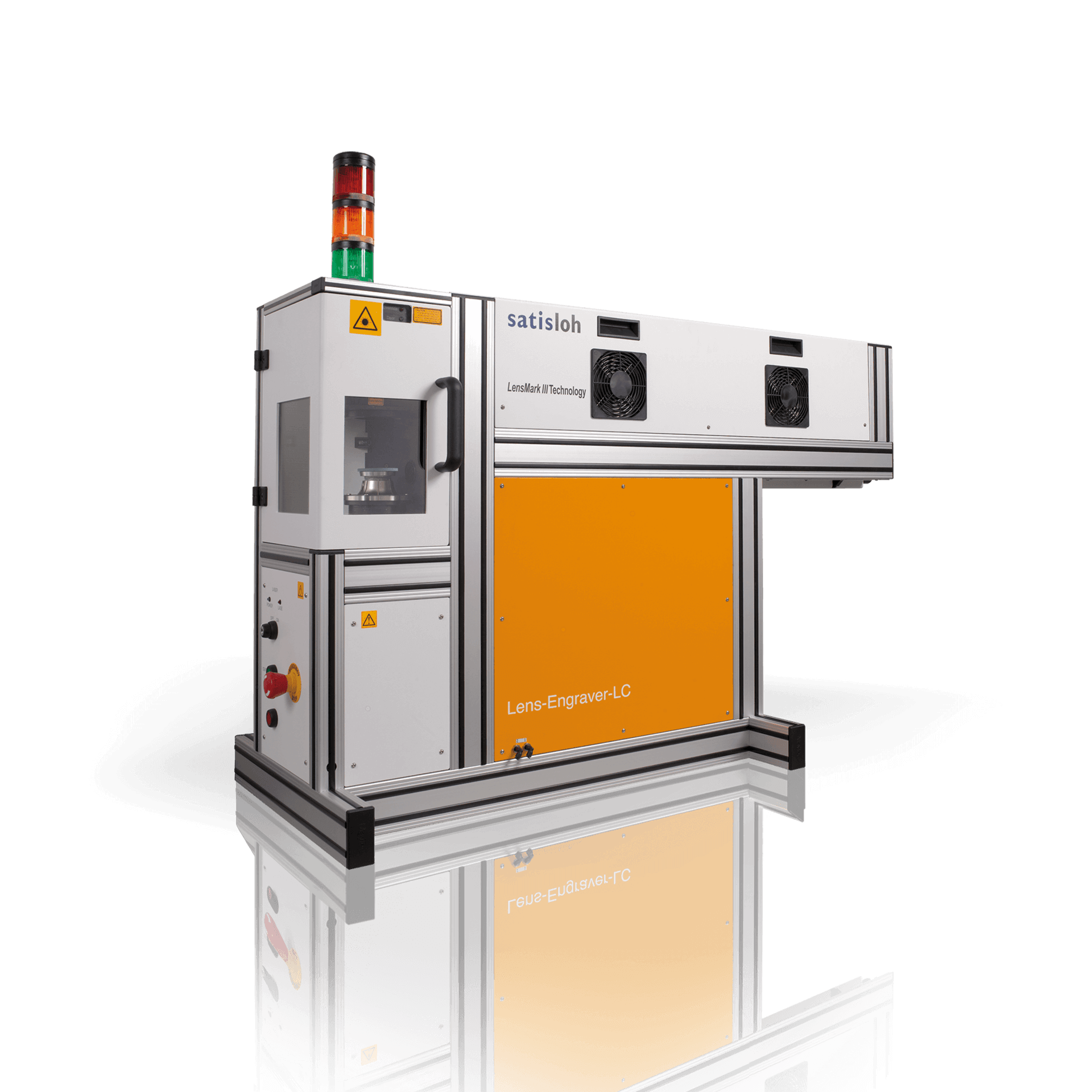 Automated industrial machine with safety enclosure and indicator lights for production processes.