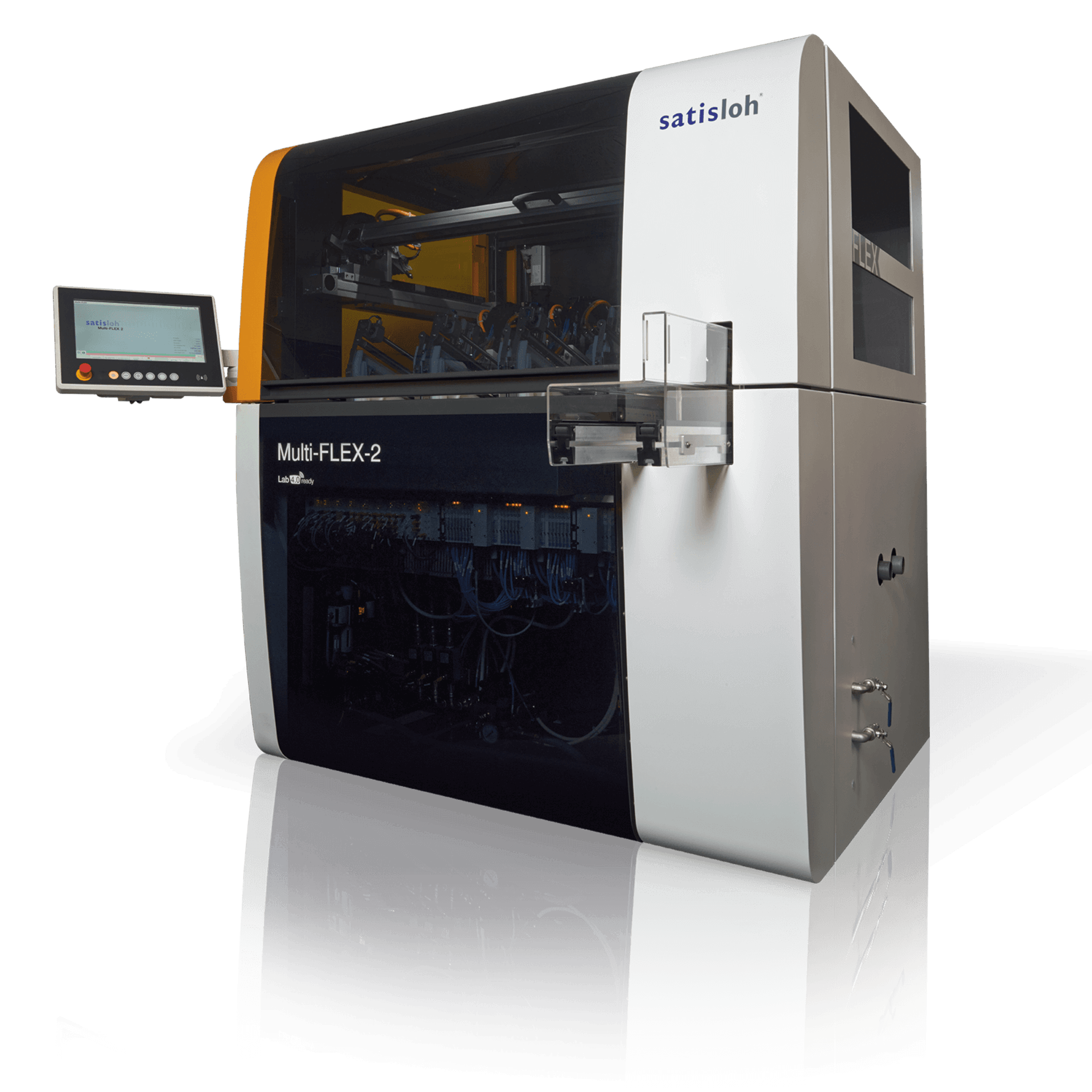 Satisloh Multi-FLEX 2 freeform lens manufacturing machine displayed on a white background, designed for high-precision surfacing and polishing of ophthalmic lenses.