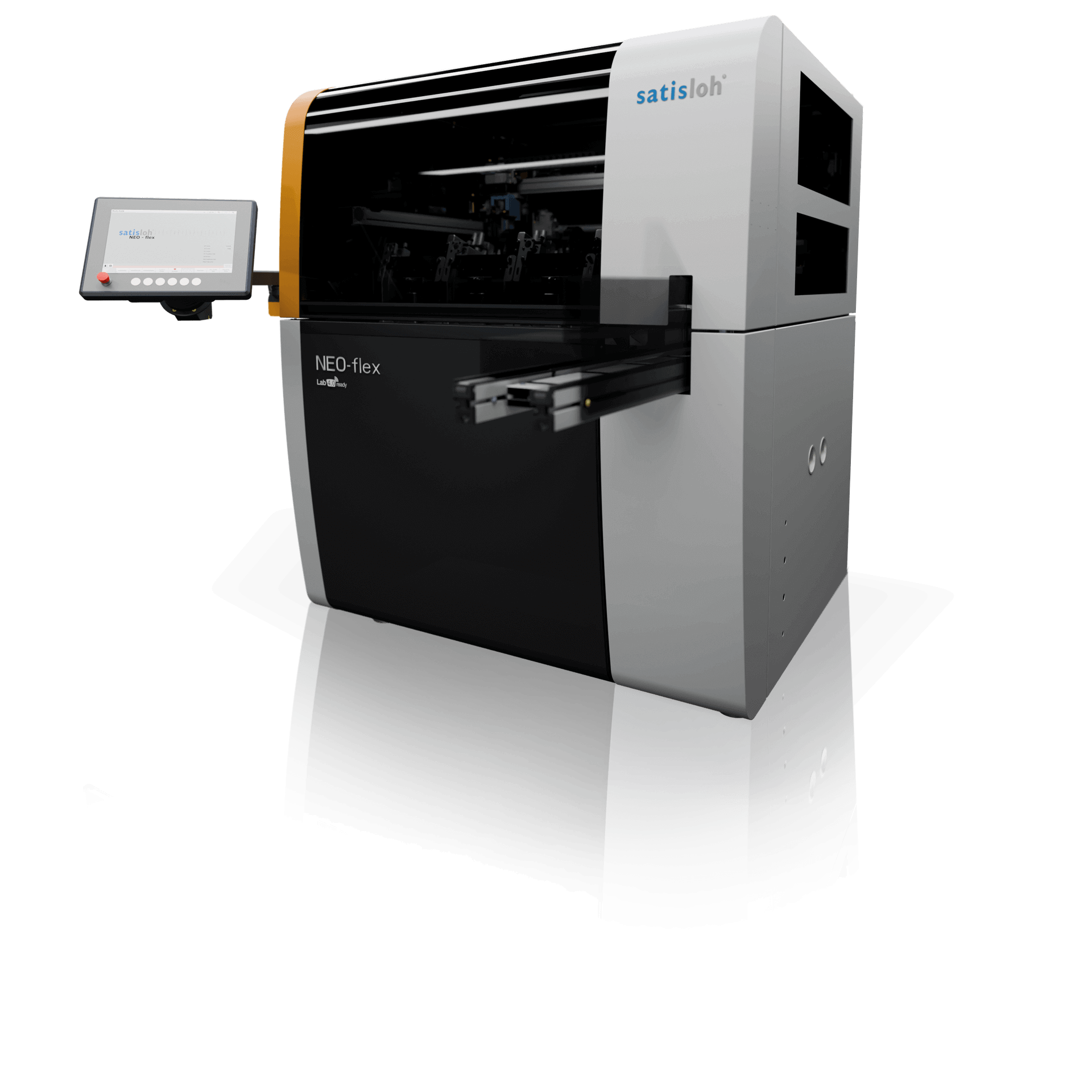 Satisloh NEO-Flex lens processing machine shown in a production environment, designed for high-precision surfacing and polishing of ophthalmic lenses.