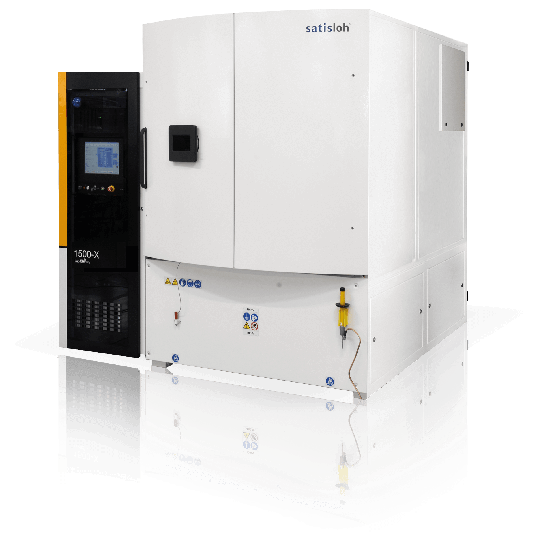 Modern semiconductor processing equipment with enclosed white chamber and black side control panel.