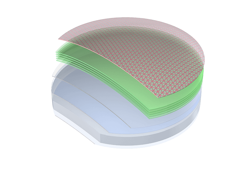 Stack of semiconductor wafers with a green-tinted layer and red patterned surface on top wafer.