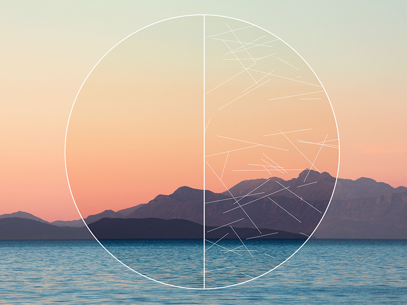 Sunset view over the ocean with distant mountains, overlaid by a circular diagram with mathematical symbols.