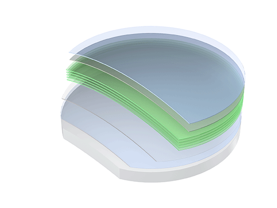Stack of semiconductor wafers with semi-transparent top layers and green-tinted protective coatings beneath.