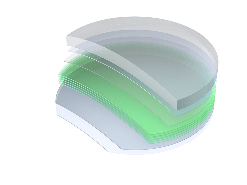 Stack of semiconductor wafers with semi-transparent top layers and green-tinted protective layers beneath.