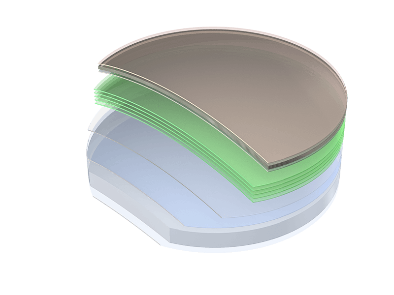 Stack of semiconductor wafers with a metallic top layer and green-tinted protective layers beneath.