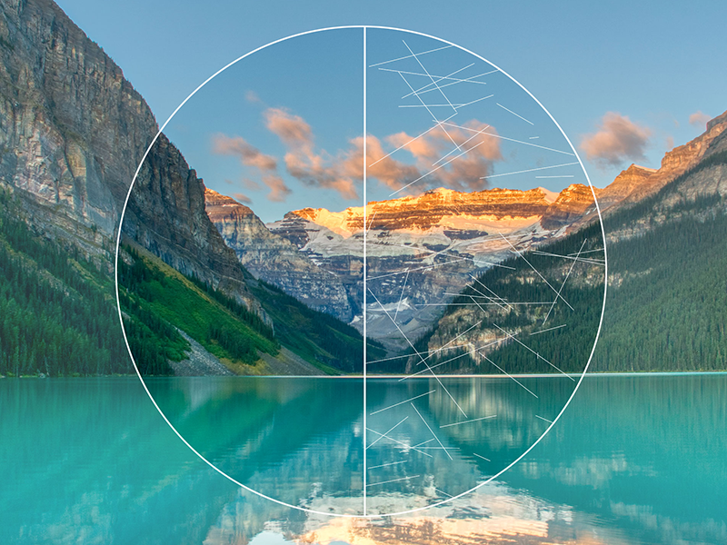 Mountain lake landscape with overlaid circular diagram featuring mathematical symbols and axes.
