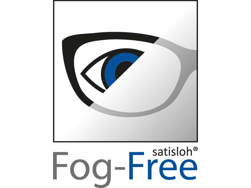 Logo with an eye inside eyeglass frames and the text “Fog-Free Satisloh.”