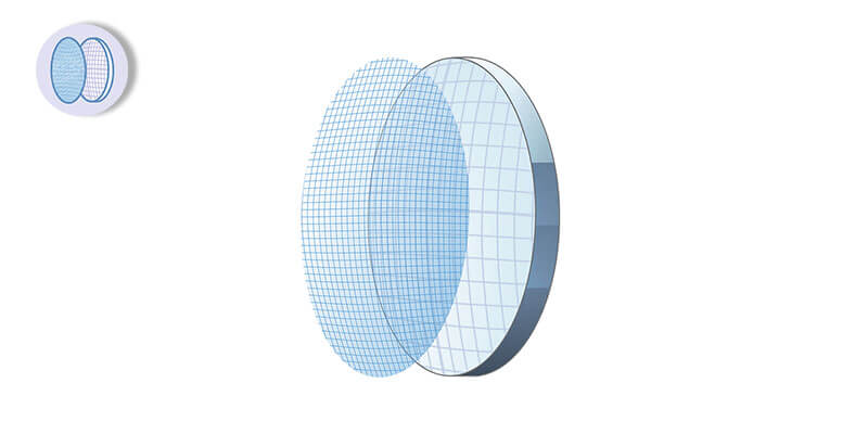 3D illustration of a lens with grid lines, showing its curved structure from different angles.