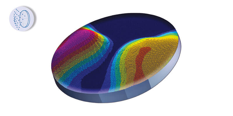 3D illustration of a lens with colorful wave-like patterns on its surface, representing light or optical effects.