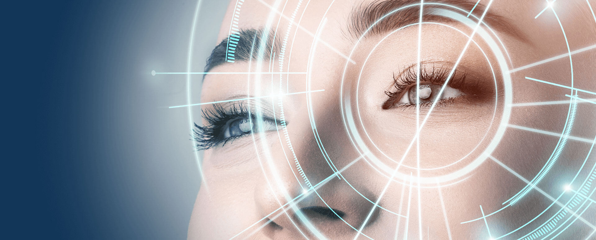Close-up of a woman’s eye with digital circular interface graphics overlayed, symbolizing biometric scanning or augmented reality technology.