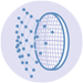Icon illustration of a lens with grid lines, with multiple small dots entering from the side, symbolizing light or data passing through.
