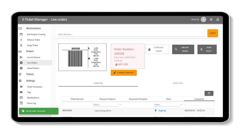 Tablet screen displaying a laboratory management software interface with barcode, sample details, and menu options.