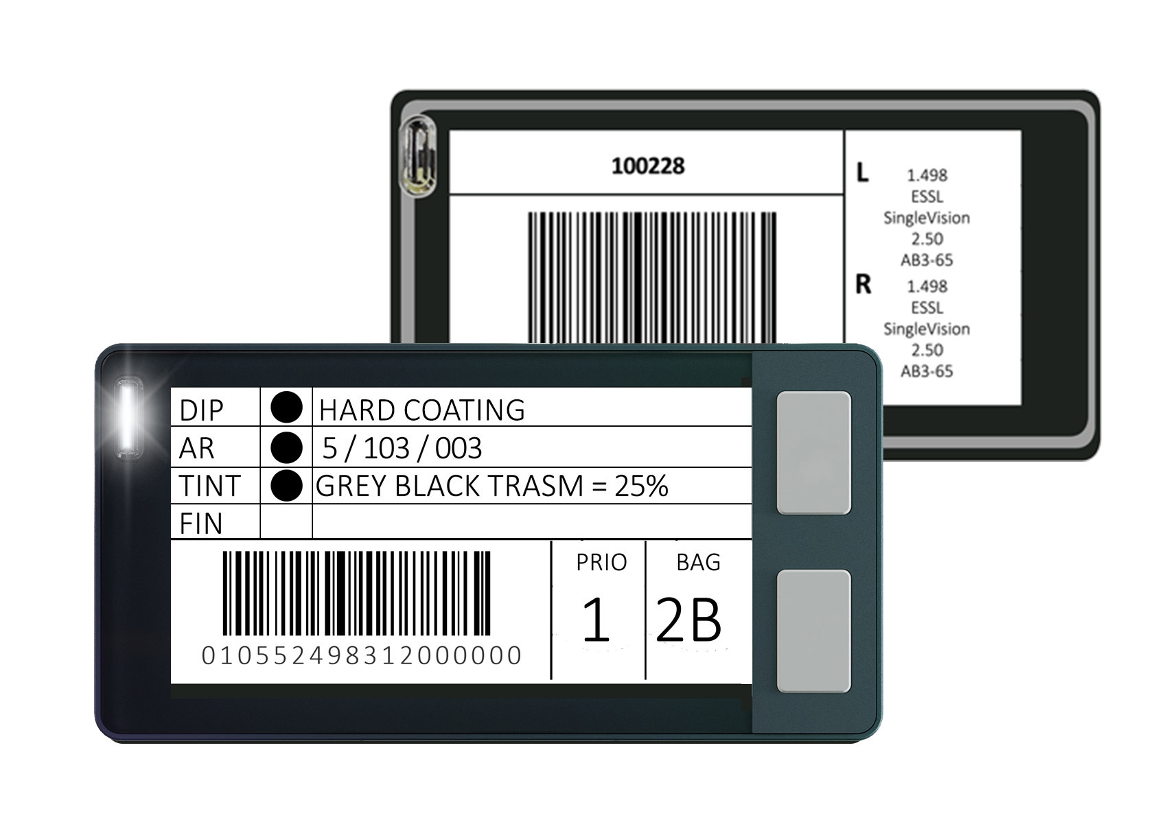 Digital display showing a barcode with accompanying text information.