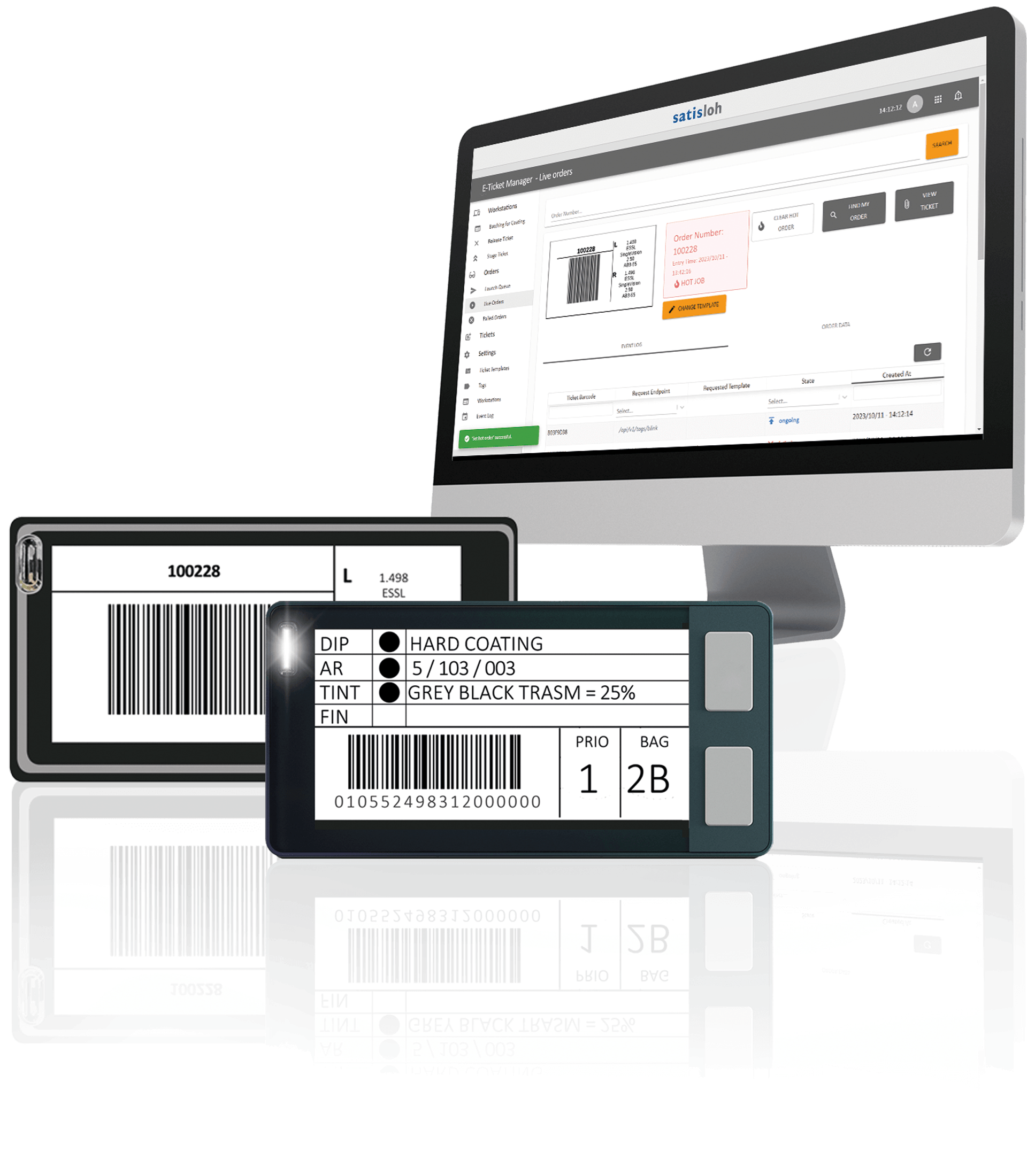 Computer monitor and tablet displaying laboratory management software with barcode and sample details.