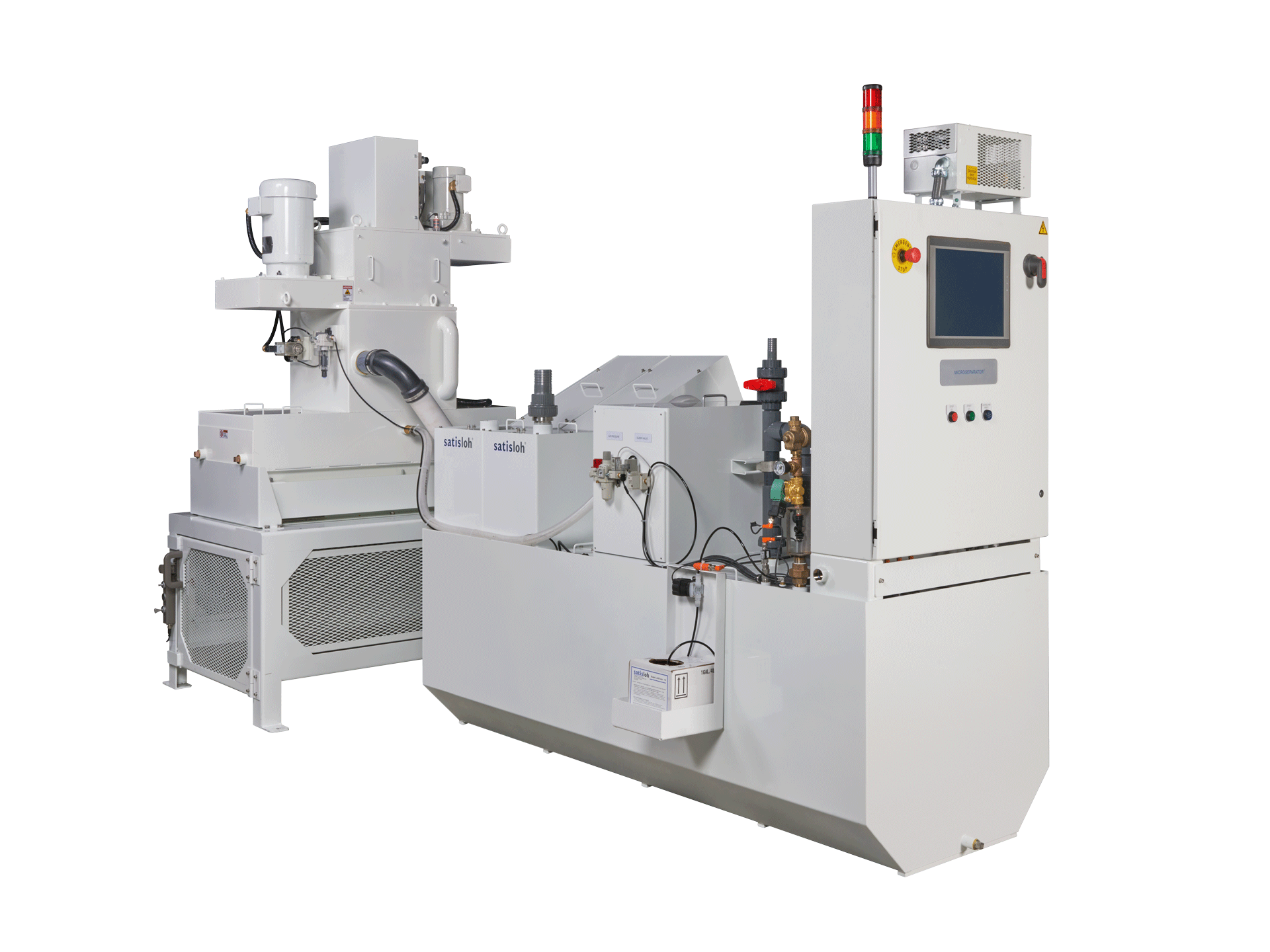 Large industrial laboratory machine with touchscreen control panel, multiple compartments, and attached modules.