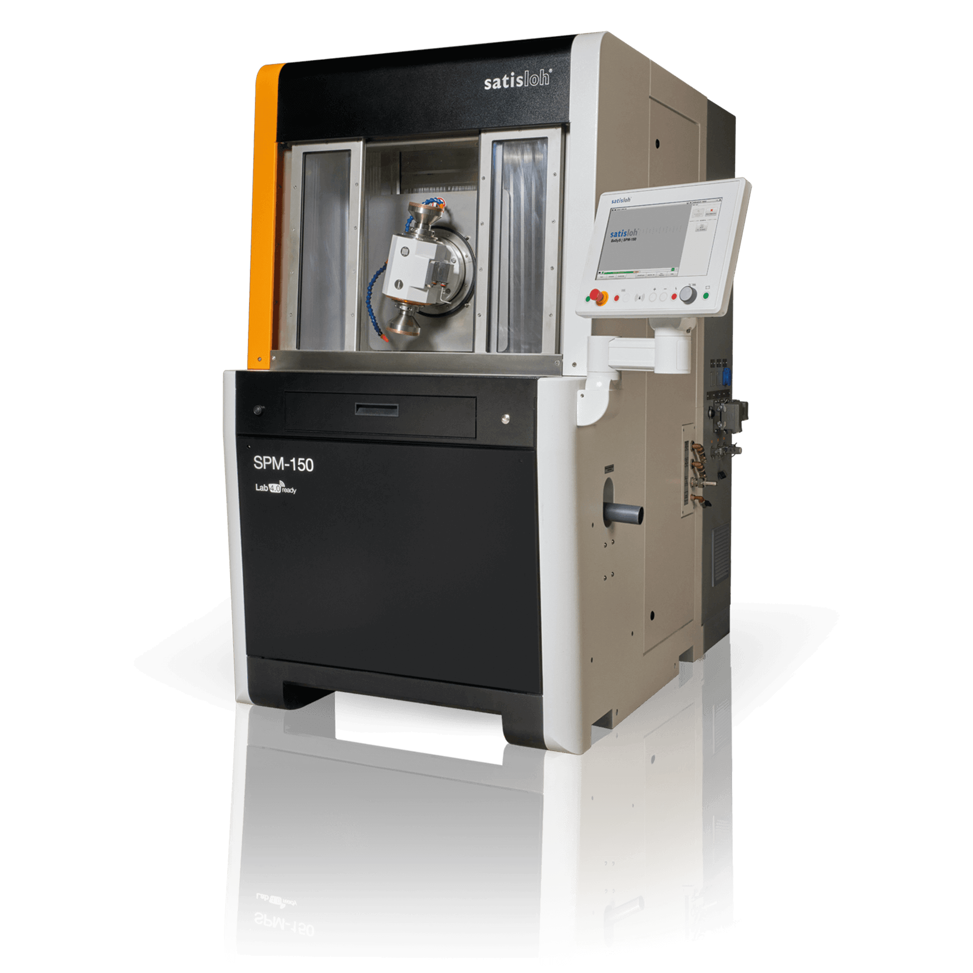 Frontal view of Satisloh SPM-150 grinding machine used in precision optics manufacturing.