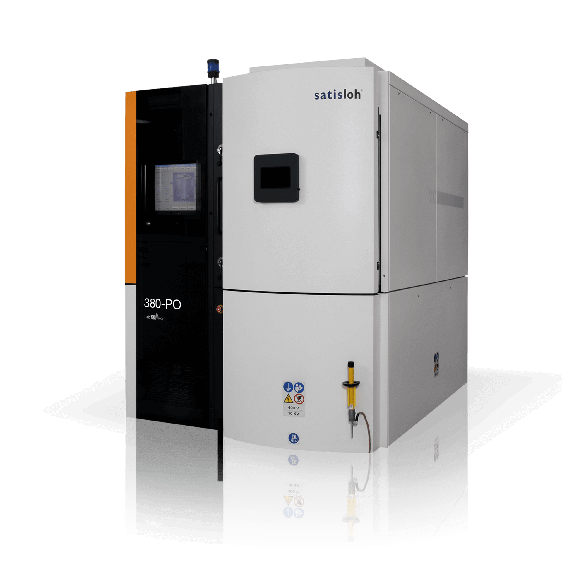 Industrial equipment cabinet with control display and closed white doors